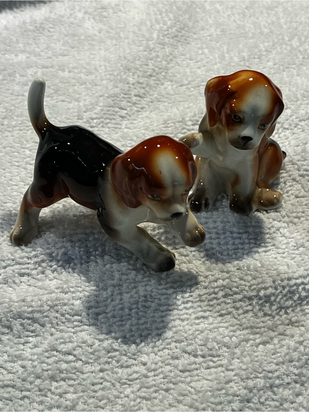 Porcelain Puppy Pair Figurines - Brown, Black, White